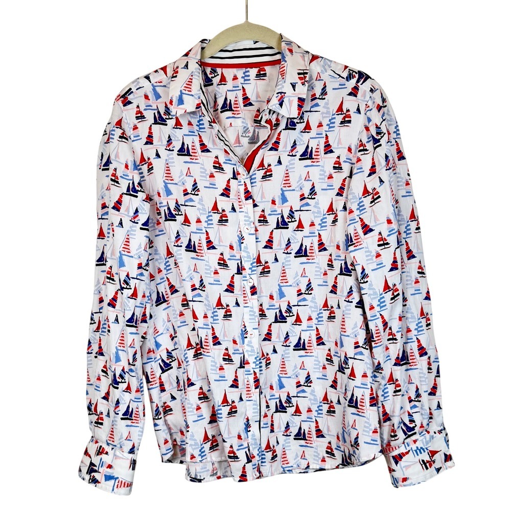 Talbots Cotton Nautical Sailboat Shirt Contrast Trim Stripe Cuff Women's 16